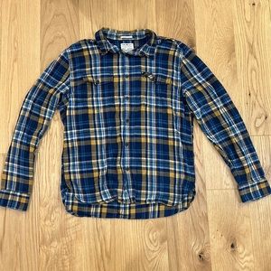 Men’s Lucky Brand Blue and Gold Plaid Casual Button Down Shirt (size Large)